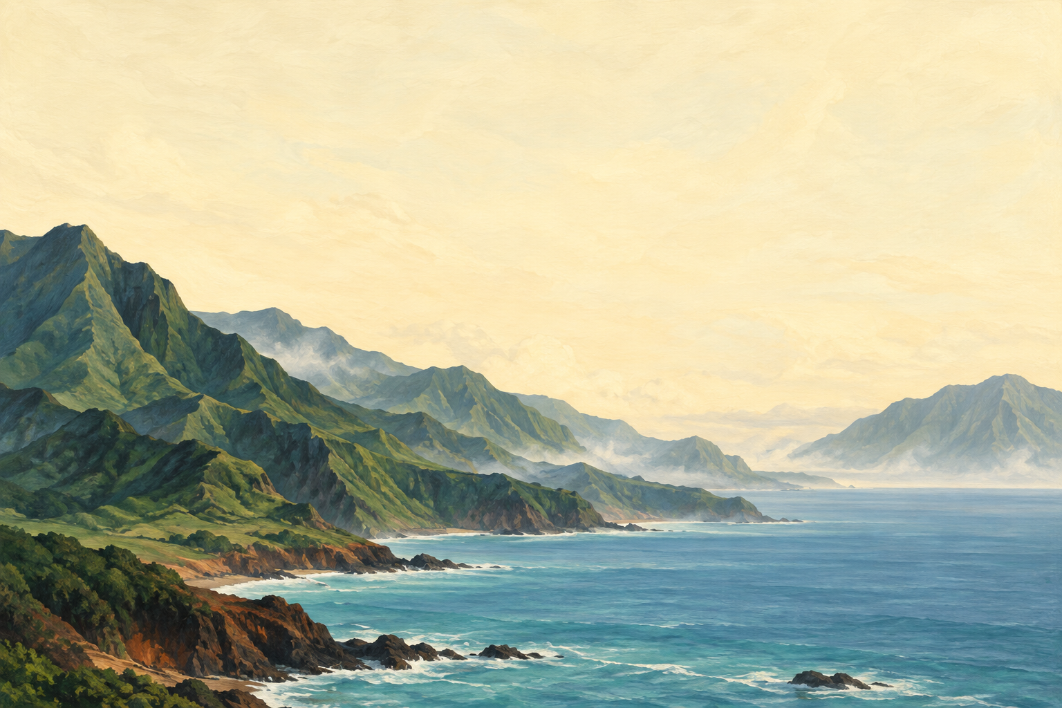 Original painted interpretation of Maui’s green mountains meeting the Pacific Ocean